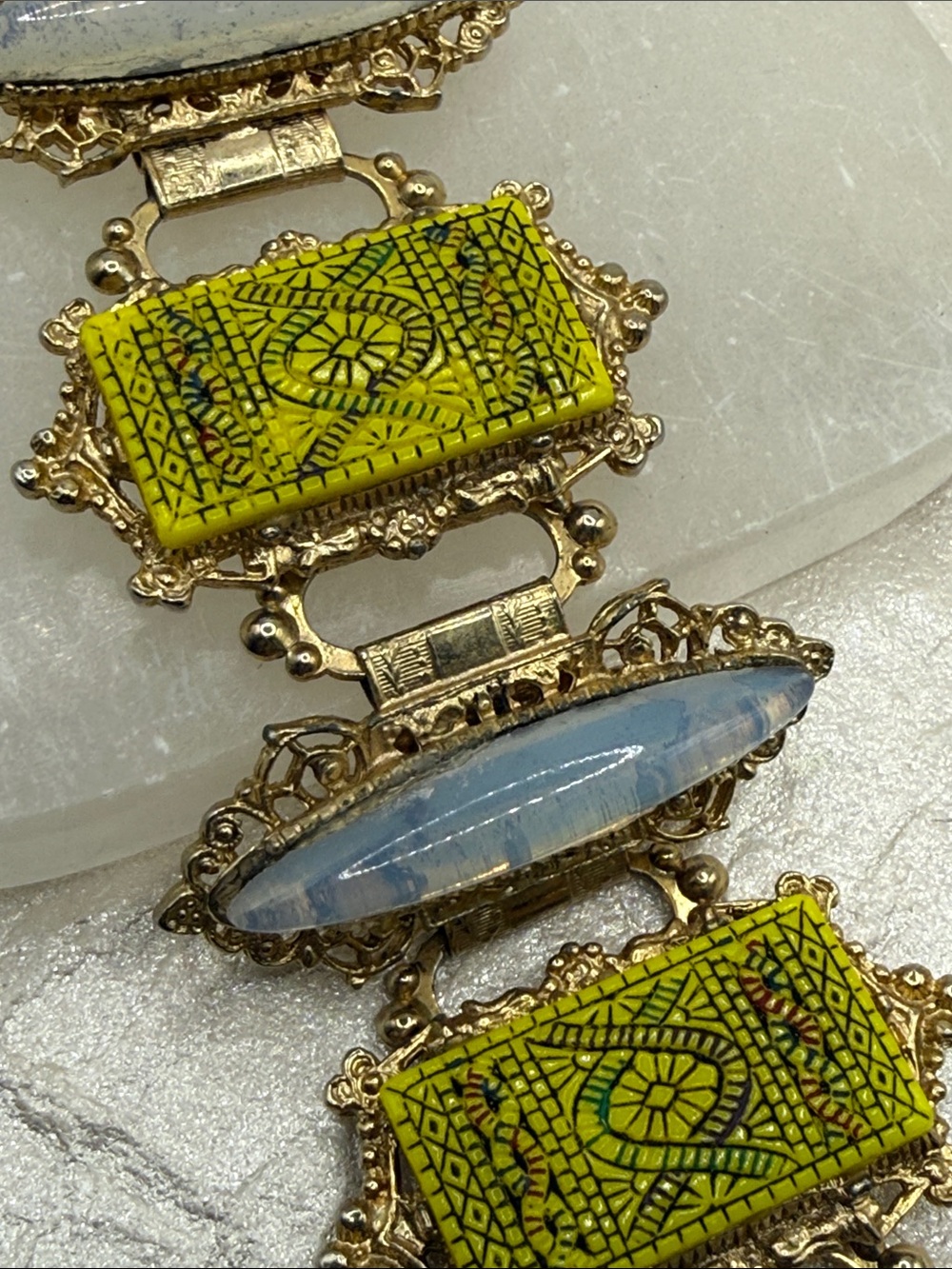 Vintage MCM opalite lucite cabachon & mosaic panels goldtone unusual bracelet